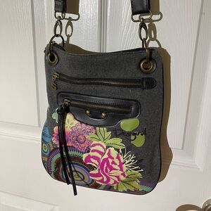 Desigual boho gray fabric floral accents crossbody bag antique tone hardwares